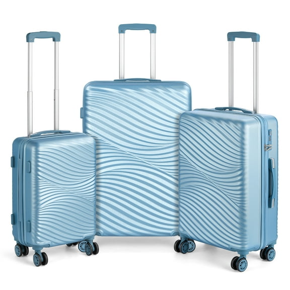 3-Piece Hardside Luggage Set, Wave Pattern ABS Suitcase, 20/24/28 Inch Spinner Luggage with TSA Lock, Lightweight Rolling Travel Case, Light Blue