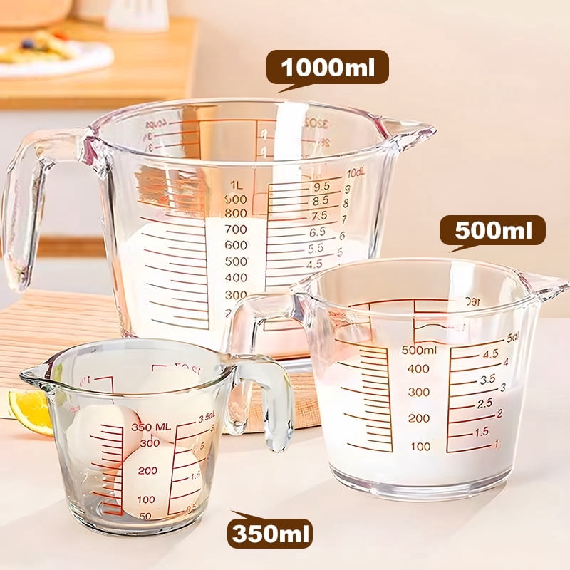 3-Piece Heat-Resistant Glass Measuring Cup Set Made of thickened lead-free glass Includes 10.14 oz + 16.91 oz + 33.81 oz measuring cups with handles Features four-level precision graduations Ergonomi
