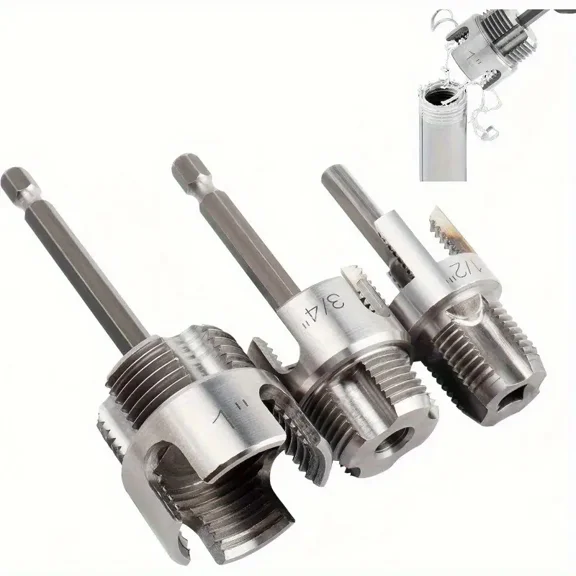 3-Piece Heavy-Duty Alloy Pipe Threading Tool Set 1/2" 3/4" 1" Internal External Threader Bit for Electric Drill PVC PPR Plastic Pipe Plumbing Repair Kit