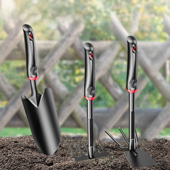 3-Piece Heavy Duty Garden Tool Set, Steel Trowel Rake Hoe with Non-slip Handle & Hanging Holes, For Digging Weeding Cultivating, Black