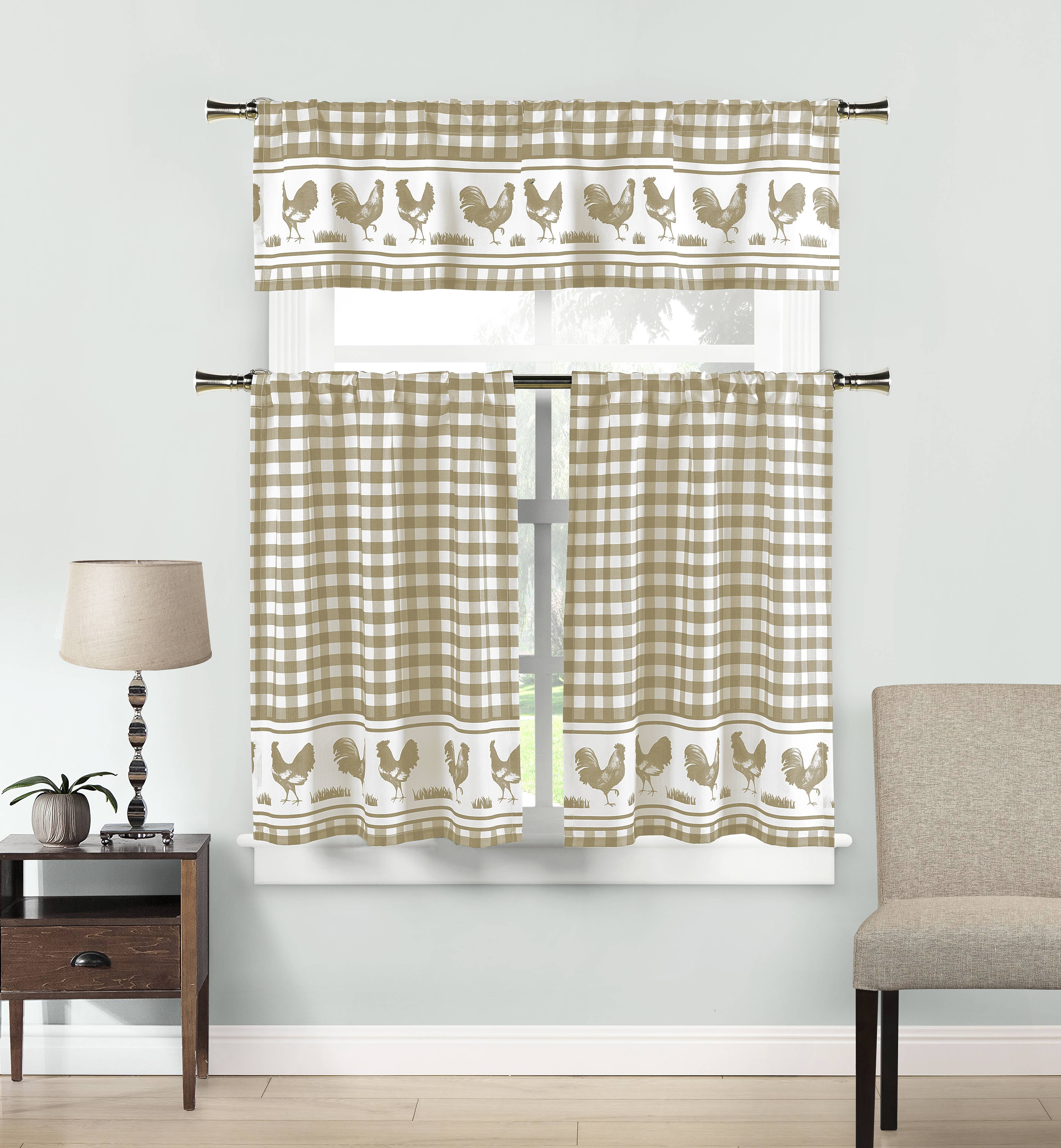 3-Piece Hellen Kitchen Curtain Set 58 in. W x 15 in. L in Taupe-White