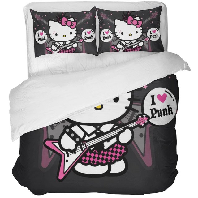3 Piece Hello Kitty Bedding Set,Anime Cute Cat Printed Duvet Cover Set