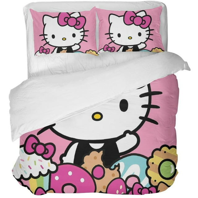 3 Piece Hello Kitty Bedding Set,Anime Cute Cat Printed Duvet Cover Set