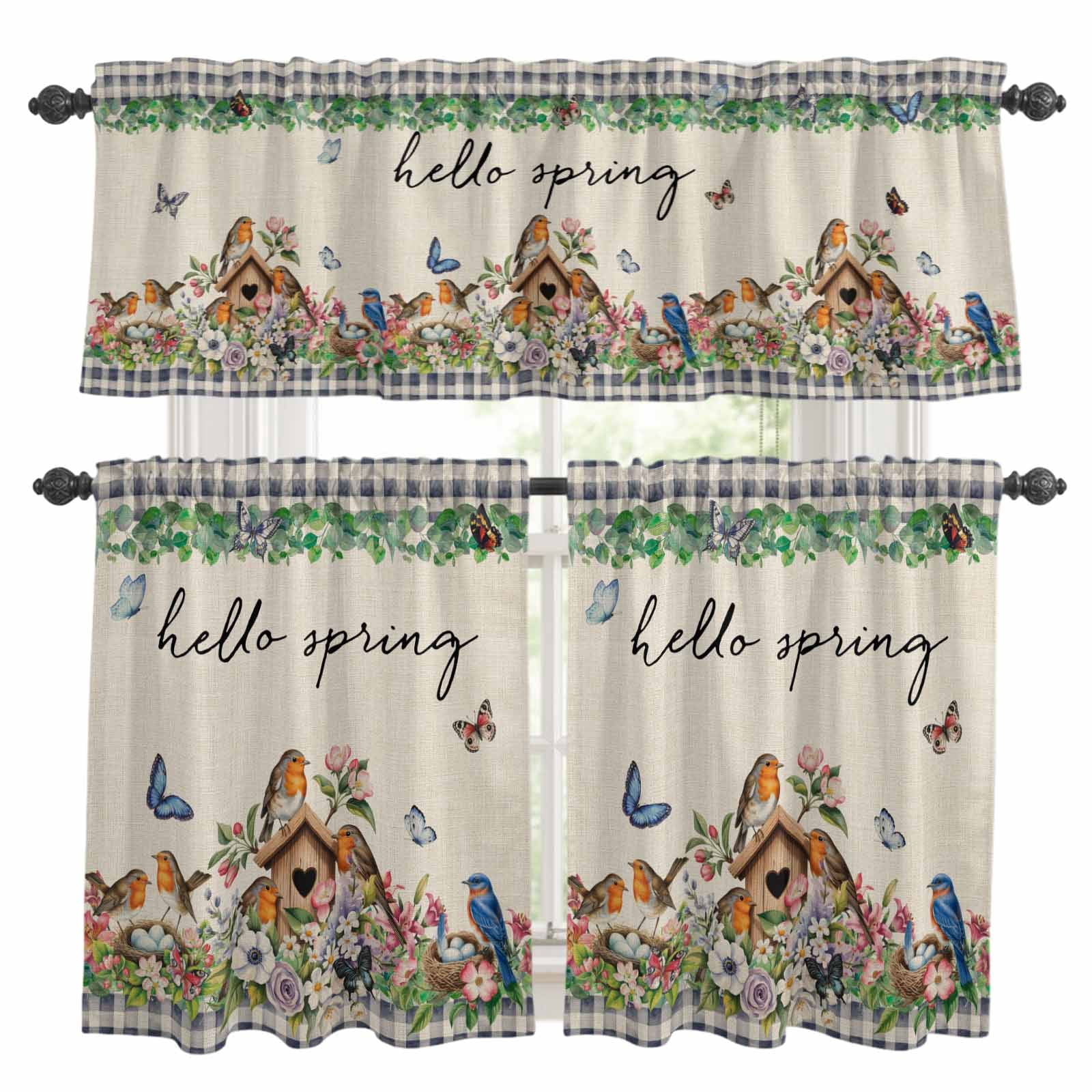 3 Piece Hello Spring Kitchen Curtain Valance and Tiers Set Bird Pink ...