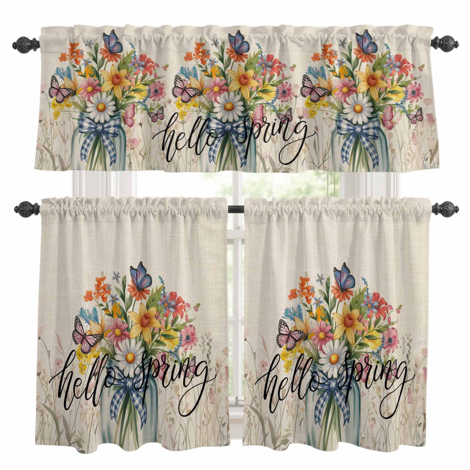 3 Piece Hello Spring Kitchen Curtain Valance and Tiers Set Pink Flowers ...