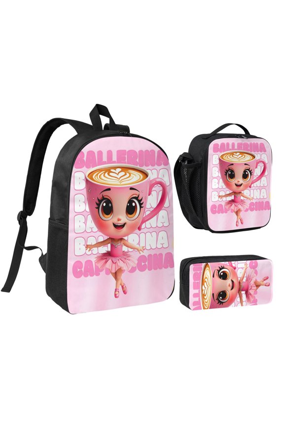 3 Piece High Capacity Bookbag Ballerina Cappuccina Backpack Set Travel Knapsack with Lunch Box Pencil Case