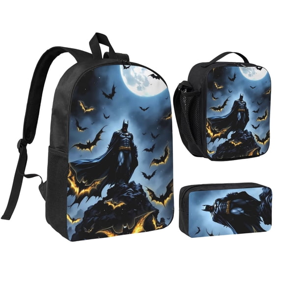 3 Piece High Capacity Bookbag Bat-man Backpack Set Travel Knapsack with Lunch Bag Pencil Case