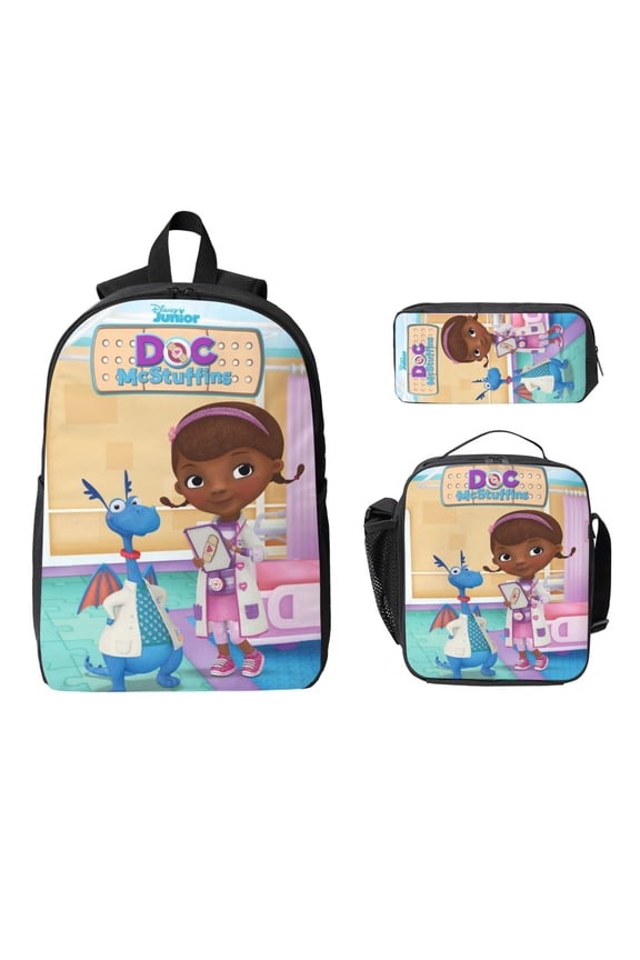 3 Piece High Capacity Bookbag Doc Cartoon McStuffins Backpack Set Travel Knapsack with Lunch Box Pencil Case