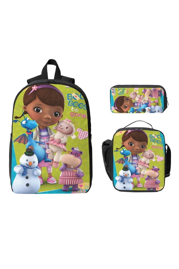 3 Piece High Capacity Bookbag Doc Cartoon McStuffins Backpack Set Travel Knapsack with Lunch Box Pencil Case