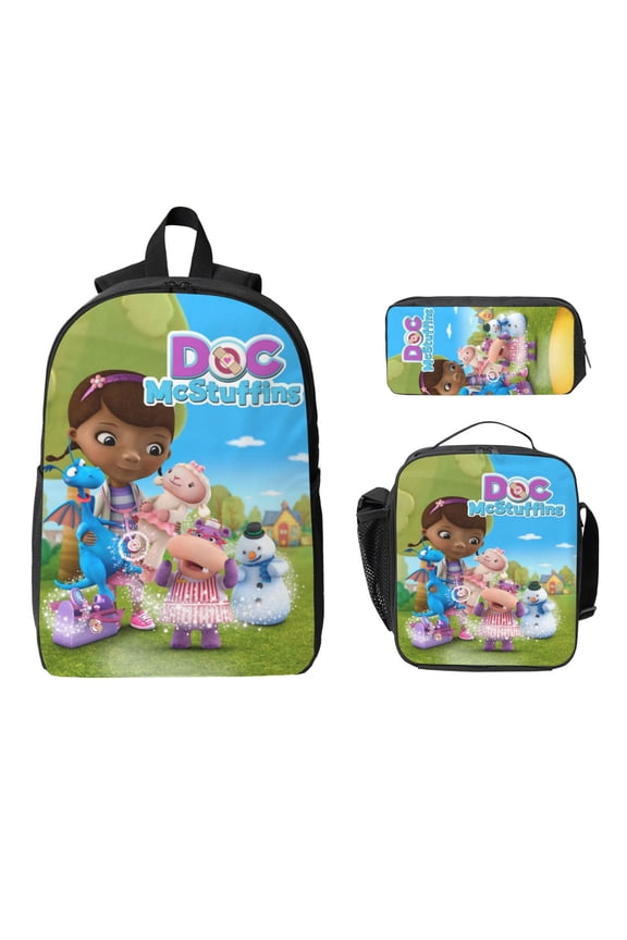 3 Piece High Capacity Bookbag Doc Cartoon McStuffins Backpack Set Travel Knapsack with Lunch Box Pencil Case