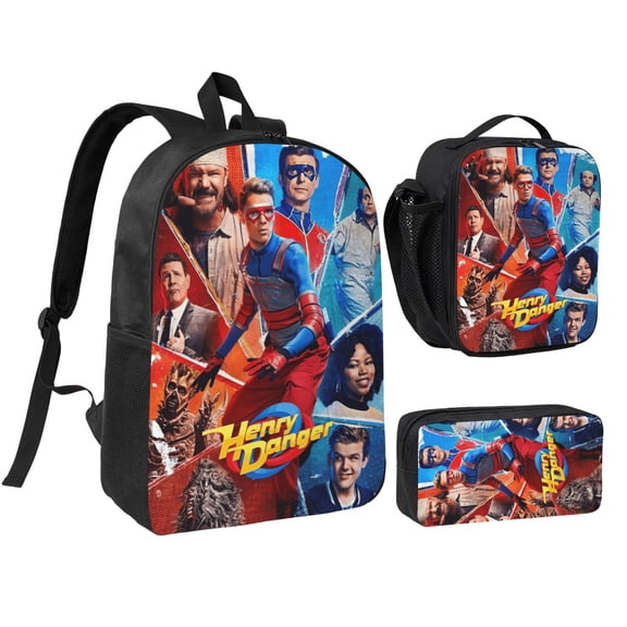3 Piece High Capacity Bookbag Henry Cartoon Danger Backpack Set Travel Knapsack with Lunch Bag Pencil Case