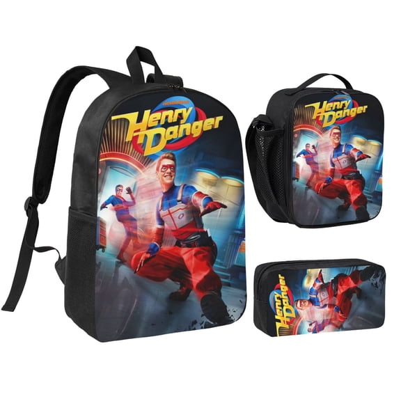 3 Piece High Capacity Bookbag Henry Cartoon Danger Backpack Set Travel Knapsack with Lunch Bag Pencil Case