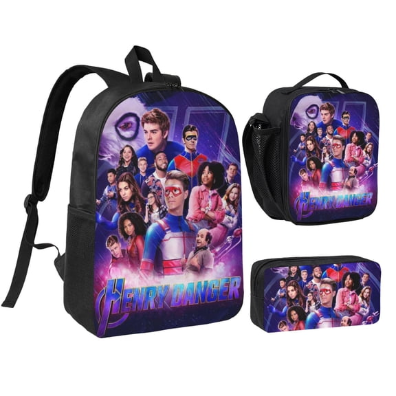 3 Piece High Capacity Bookbag Henry Cartoon Danger Backpack Set Travel Knapsack with Lunch Bag Pencil Case