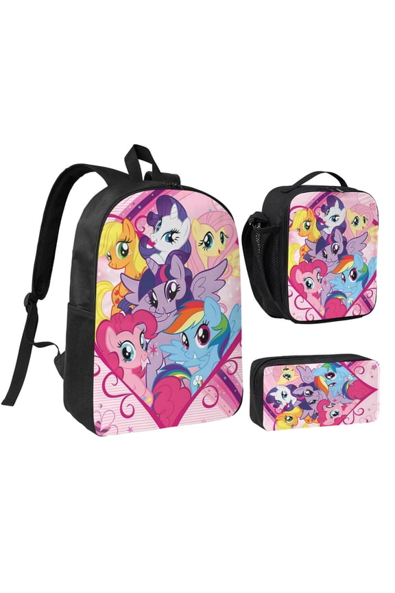 3 Piece High Capacity Bookbag My Lit-tle Pony Backpack Set Travel Knapsack with Lunch Box Pencil Case