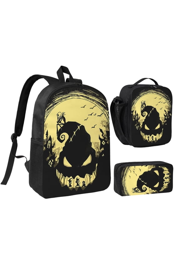 3 Piece High Capacity Bookbag Oogie Boogie Backpack Set Travel Knapsack with Lunch Box Pencil Case