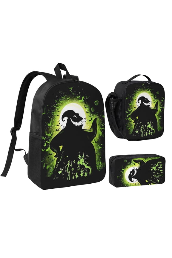 3 Piece High Capacity Bookbag Oogie Boogie Backpack Set Travel Knapsack with Lunch Box Pencil Case