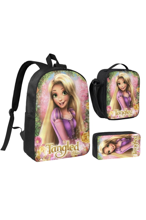 3 Piece High Capacity Bookbag Tangled Backpack Set Travel Knapsack with Lunch Box Pencil Case