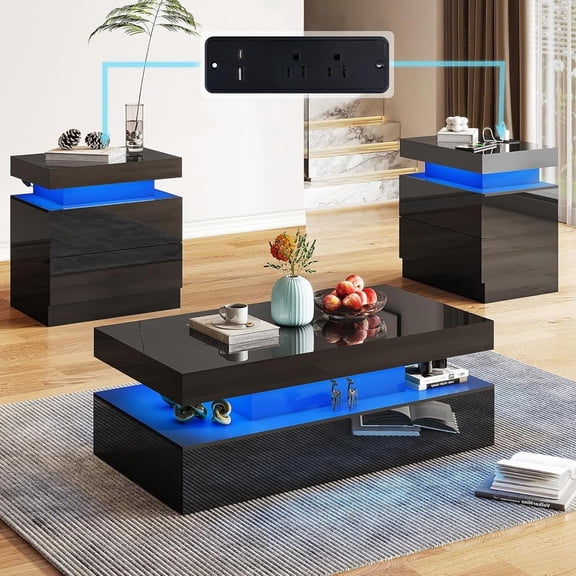 3-Piece High Gloss Living Room Table Set, Modern LED Coffee Table with 2 Side End Tables