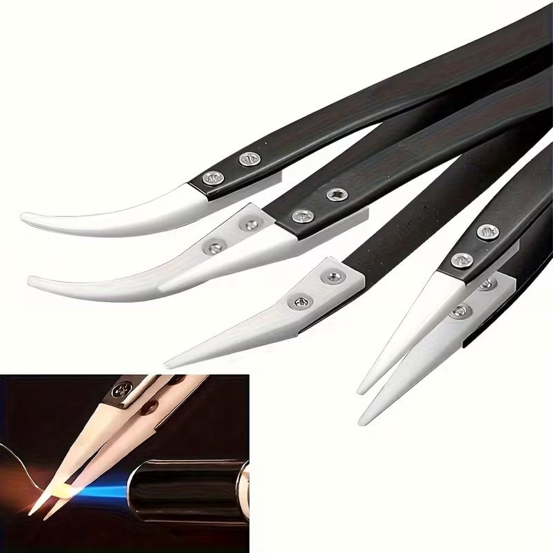 3-Piece High-Temperature Resistant Ceramic Tweezers Set - Anti-Static Insulated Stainless Steel with Protective Sheath, Ergonomic Design for Safe and Precise Handling, Black & White Options
