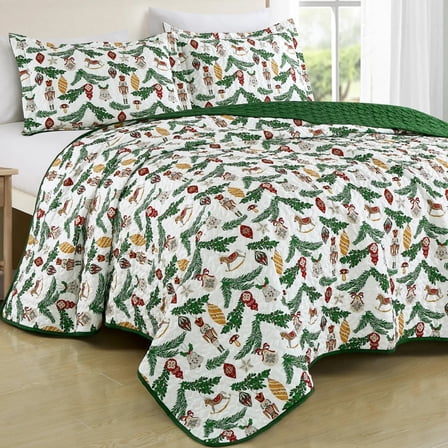 3-Piece Holiday Cheer Christmas Bedspread Set– Reversible Quilt with Ornaments & Evergreen Print JB601