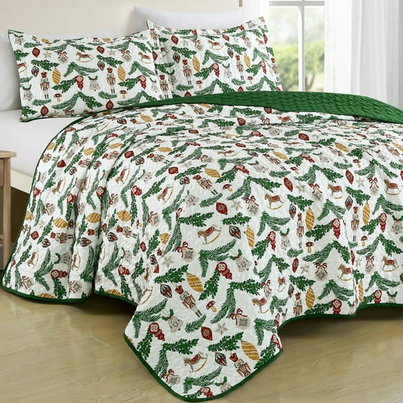 3-Piece Holiday Cheer Christmas Bedspread Set– Reversible Quilt with Ornaments & Evergreen Print JB601