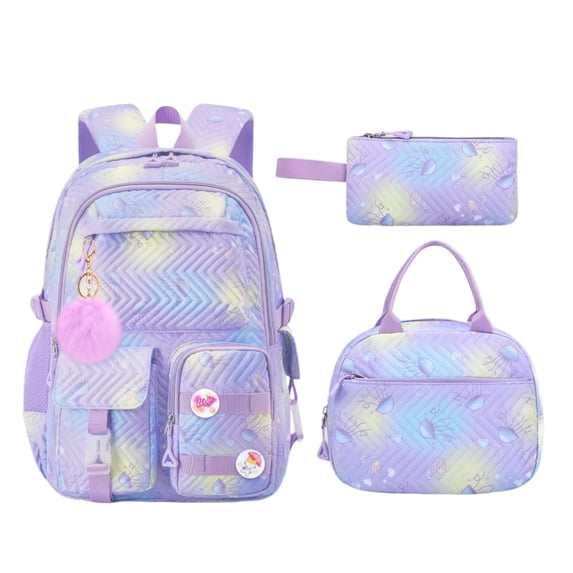3 Piece Holographic Backpack Set, Iridescent Purple Laptop Bag with Lunch Box & Pencil Case, Water Resistant Large Capacity Travel Daypack for Students Teens Women, 15.6 Inch Computer Bookbag Gift