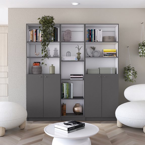 3 Piece Home Bookcase , 67" Wide, 11 Shelves, Double-door Cabinets, Matt Gray/white, Modern Living Room & Office, Discreet Storage Element Acres Group,