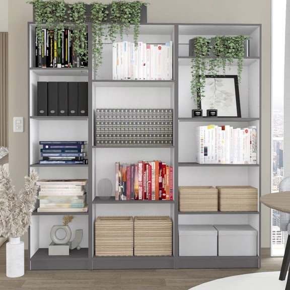 3 Piece Home Bookcase , 67" Wide With 14 Shelves, Matt Gray - White, Modern Storage, Versatile Fit Piece, Living Room, Coordinated Look,