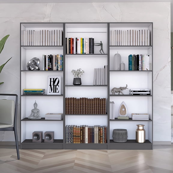 3 Piece Home Bookcase , 74" Wide, 14 Shelves, Matt Gray - White, Modern Living Room Storage Option Ample Space Shelving System Structure