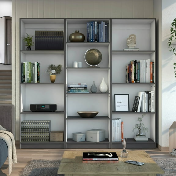 3 Piece Home Bookcase Arrangement, 74" Wide With 13 Shelves, Matt Gray - White, Spacious For Office, Living, Modern Style Group Arrangement Compilation, Wide, Ample Storage Solution