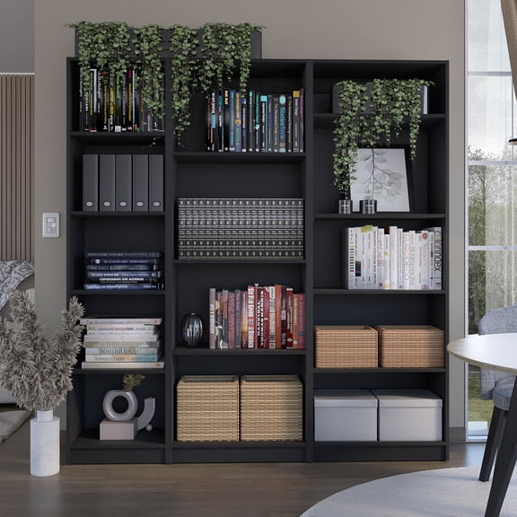 Dupree 3 Piece Home Bookcase set, 67" Wide with 14 Shelves , Living Room Set Set Black