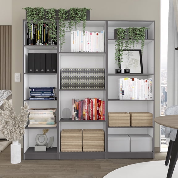 Dupree 3 Piece Home Bookcase set, 67" Wide with 14 Shelves , Living Room Set Set Mat Gray - White