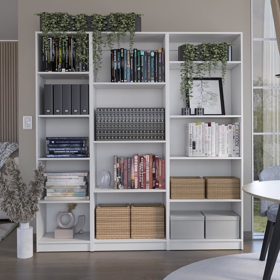 Dupree 3 Piece Home Bookcase set, 67" Wide with 14 Shelves , Living Room Set Set White