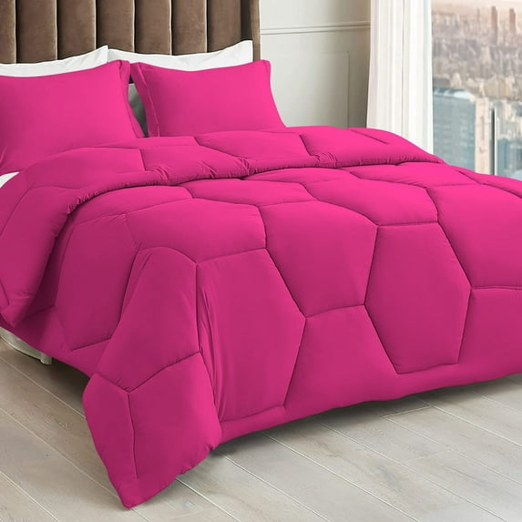3 Piece Honeycomb Design Comforter Set, 800 TC, 100% Egyptian Cotton, Oversized Super King Size Hot Pink Solid