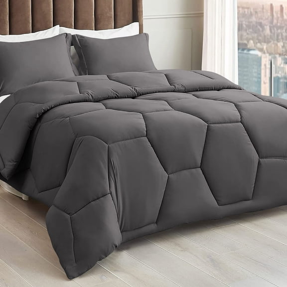 3 Piece Honeycomb Design Comforter Set, 800 TC, 100% Egyptian Cotton, Super King Size Dark Grey Solid