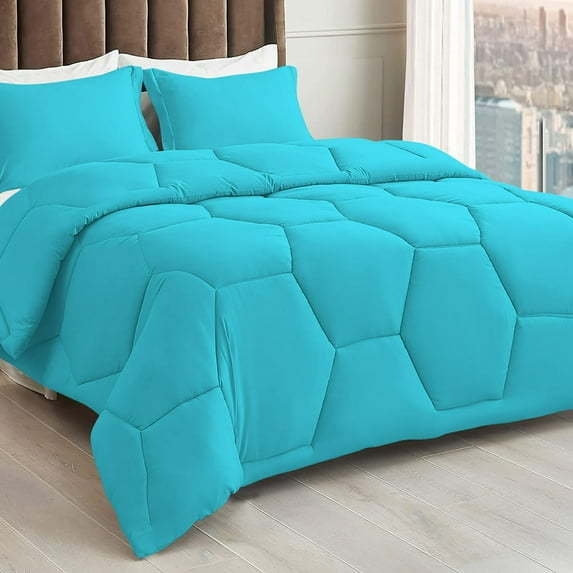 3 Piece Honeycomb Design Comforter Set, 800 TC, 100% Egyptian Cotton, Twin/Twin XL Size Turquoise Blue Solid