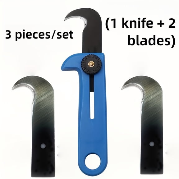 3-Piece Hooked Cutting Knife Set Multi-Functional Manual Cutter with Sharp Durable High Carbon Steel and Comfort Non-Slip Grip Design for Rugs/Carpets, Plastic Film, Leather Fabric
