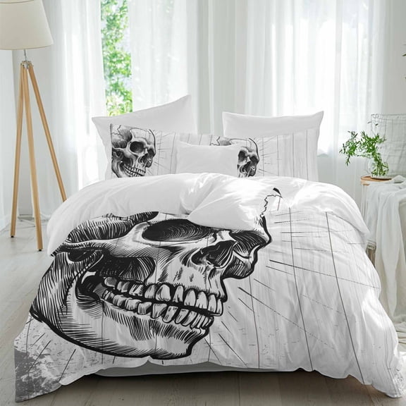 3 Piece Horror Skull Duvet Cover Set Queen Size, Microfiber Comforter/Quilt Cover with Corner Ties and 2 Pillowcases, Black Skeleton Spooky Halloween All Season Soft Bedding with Zipper Closure