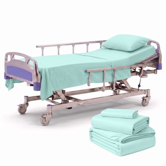 3 Piece Hospital Bed Sheet Set, 100% egyptian Cotton 400 Thread Count, 1 Flat, 1 Fitted, 1 Pillowcase for Hospital Bed Size: 36 x 80 Inch with 8 Inch Deep Pocket, Aqua-Blue Solid