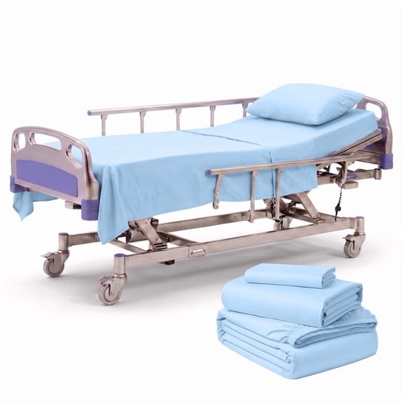3 Piece Hospital Bed Sheet Set, 100% egyptian Cotton 400 Thread Count, 1 Flat, 1 Fitted, 1 Pillowcase for Hospital Bed Size: 36 x 80 Inch with 8 Inch Deep Pocket, Light-Blue Solid