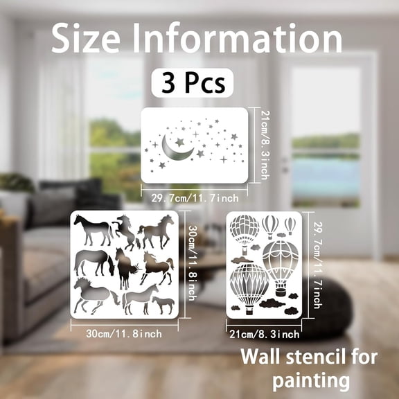 3-Piece Hot Air Balloon Stencil Set - Reusable Horse Moon Star & Tile Stencils for Painting on Wall Wood Canvas Fabric & Furniture Crafts