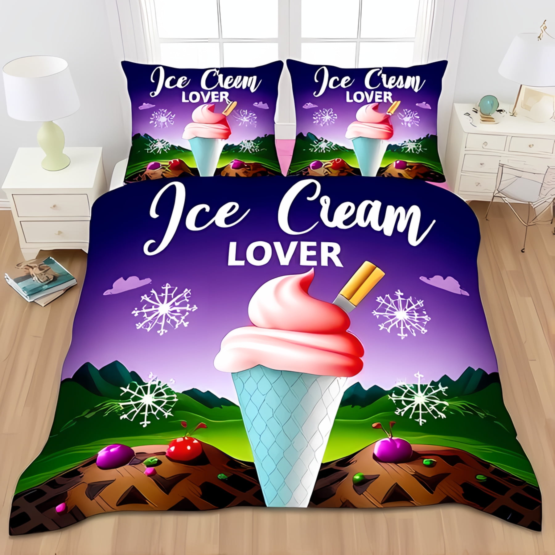 Pink Ice Cream Cone Pattern Print Duvet Cover Bedding Set
