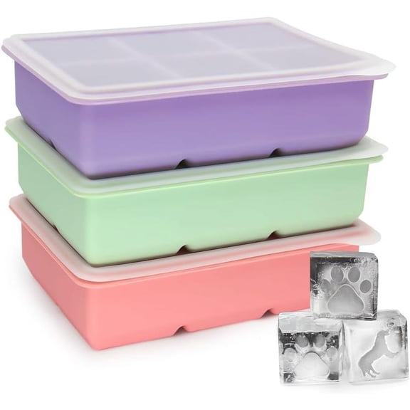 3 Piece Ice Cube Mold, Silicone Ice Cube Container XL With Lid, Stackable And Dishwasher Safe Ice Cube Molds, For Beer,Wine And Baby Snack Included (3 Color -D, Set Of 3(18 Ice Cubes))