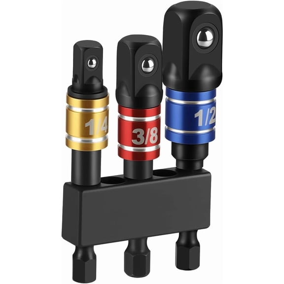 3 Piece Impact Socket Adapter Set, 1/4-Inch Hex Shank, Chrome Vanadium Steel Drill Extension Bar, Includes 1/4in, 3/8in, and 1/2in Drive Socket Adapters with Storage Holder