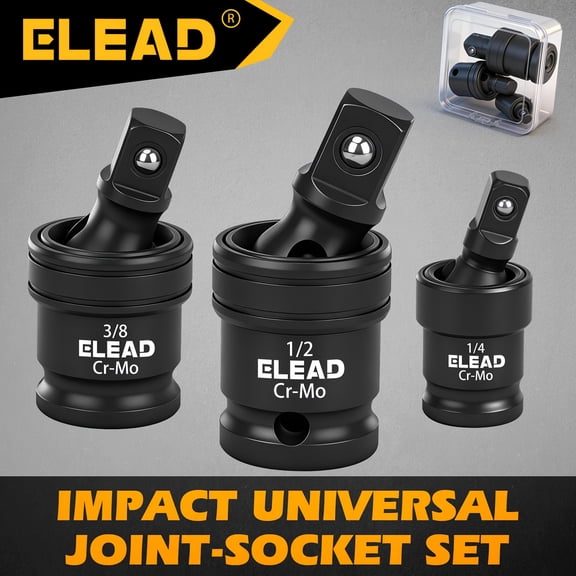 3Piece Impact Universal Joint Socket Swivel Set, 1/4", 3/8", 1/2" Drive CRMO Steel Wobble UJoint Adapter for Impact & Hand Tools