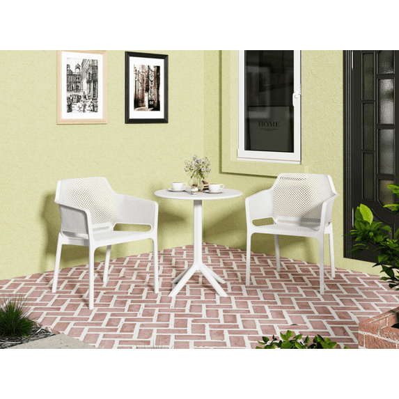 3-Piece Indoor/Outdoor Coffee Table Chair Set, Premium Ocean Plastic Bistro Set with A Round Table and Two Arm Chairs, Table and Chair Set for Pool, BBQ, Camping, Balcony, Garden, Antique White
