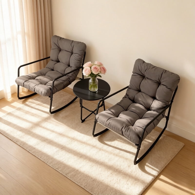 3-Piece Indoor & Outdoor Universal Rocking Chairs Set of 2 with 1 Side Table, Glider Rocking Recliner Chair with Cushion