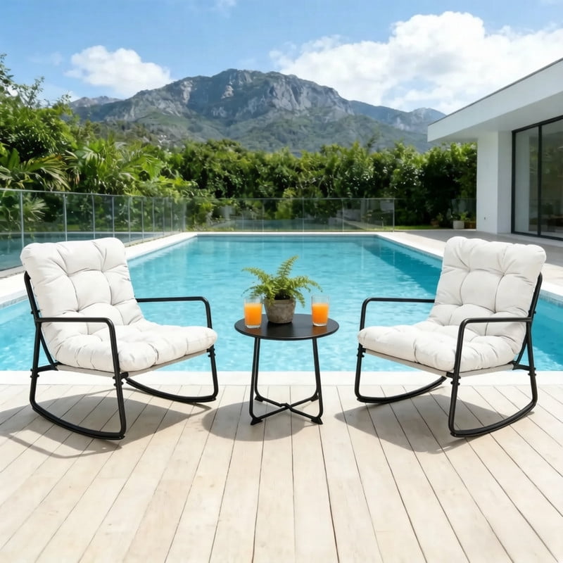 3-Piece Indoor & Outdoor Universal Rocking Chairs Set of 2 with 1 Side Table, Glider Rocking Recliner Chair with Cushion