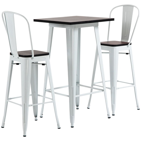 3 Piece Industrial Bar Height Dining Set, Square Wood and Steel Table with 2 High-Back Stools, Compact Breakfast Nook for Kitchen, Bistro, Cafe or Small Apartment, White/Brown