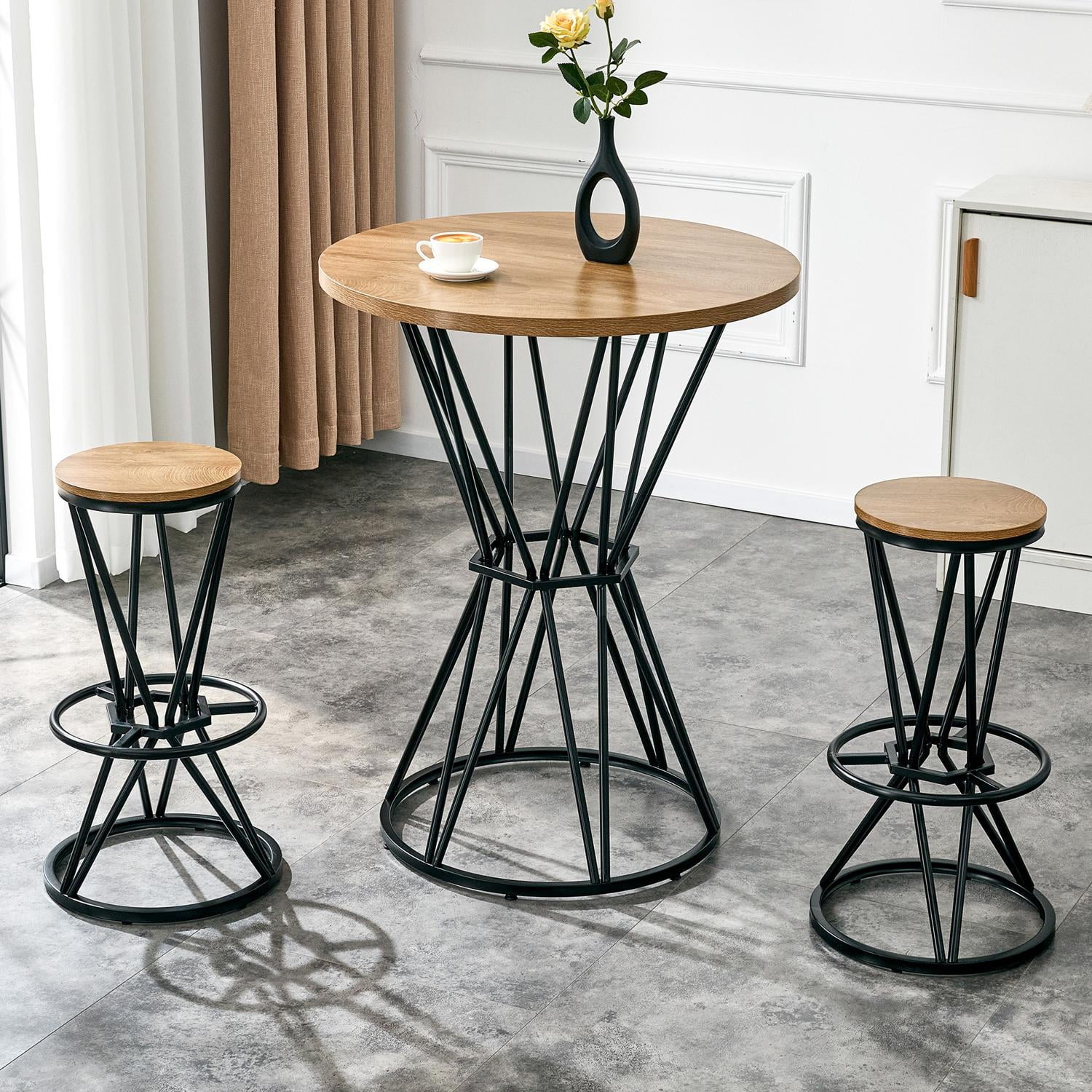 3-Piece Industrial Bar Table and Chair Set, 31.5-Inch Wood Grain MDF Bar Table with Black Metal Frame and 2 Stools, Modern Pub Dining Set for Kitchen Island Home Bar, Black Wood